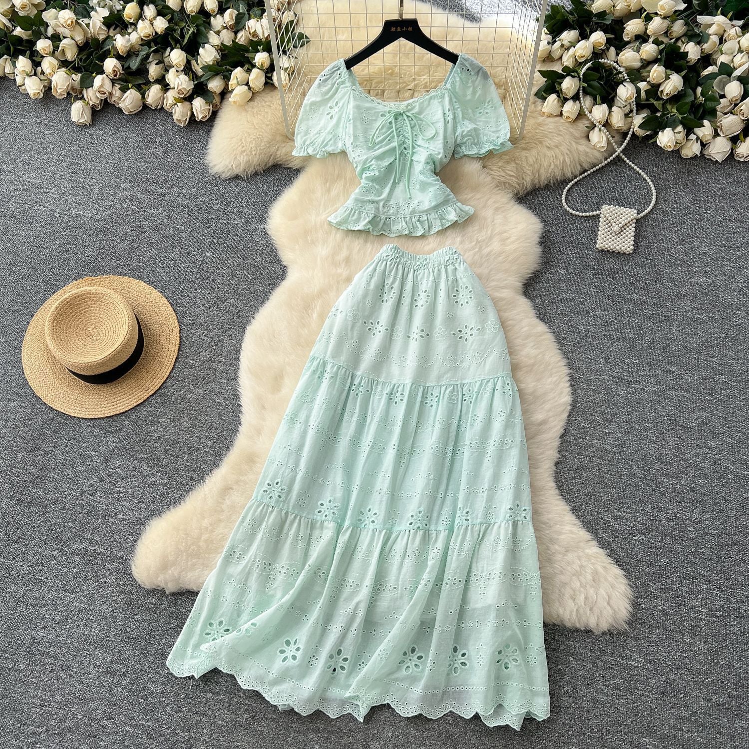Womens Solid-Color, Defined-Waist, Square-Neck Puff-Sleeve Shirt And Skirt Set