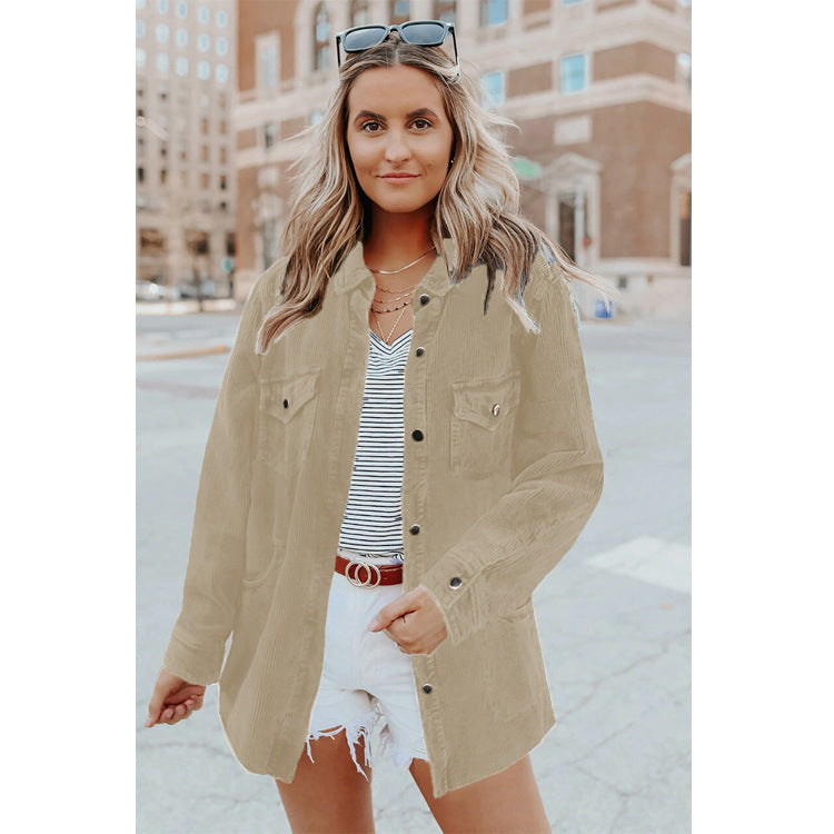 Women's Long Sleeve Solid Color Lapel Mid Shirt Jacket