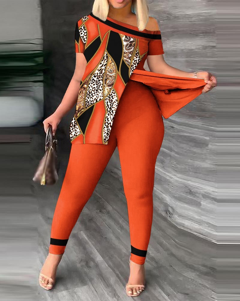 Women's Fashion Casual Slit Diagonal Collar Printing Suit