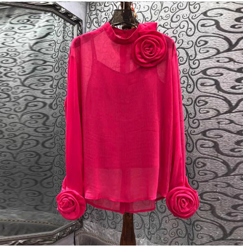 Three-dimensional Plate Flower Stand Collar Long Sleeve Slightly See-through Thin Two-piece Shirt