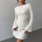 White Knitted Fabric Boat Neck A-line Back Tie Dress