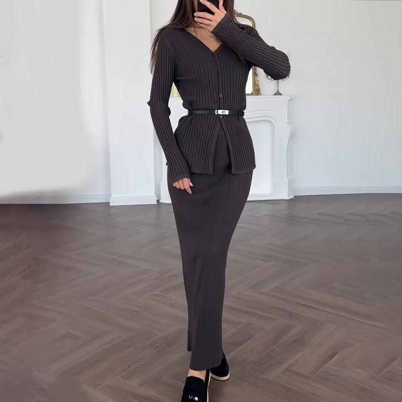 Long Sleeve Knitted Temperament High Waist Sheath Long Skirt
