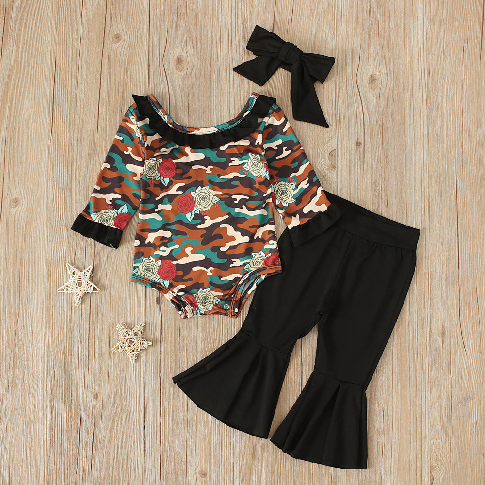 Ensemble barboteuse camouflage à manches longues et pantalon évasé noir pour fille