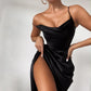 Robe sexy fendue en satin à la mode, tempérament mince européen et américain