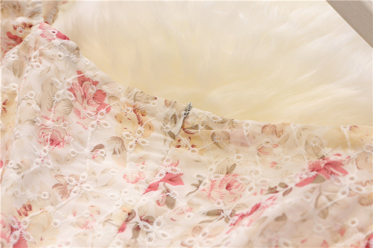 French Floral Dress Women's Tea Break Bellflower Skirt With Puff Sleeves