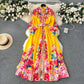 New High-grade Stand Collar Lantern Long Sleeve Waist-tight Printed Dress