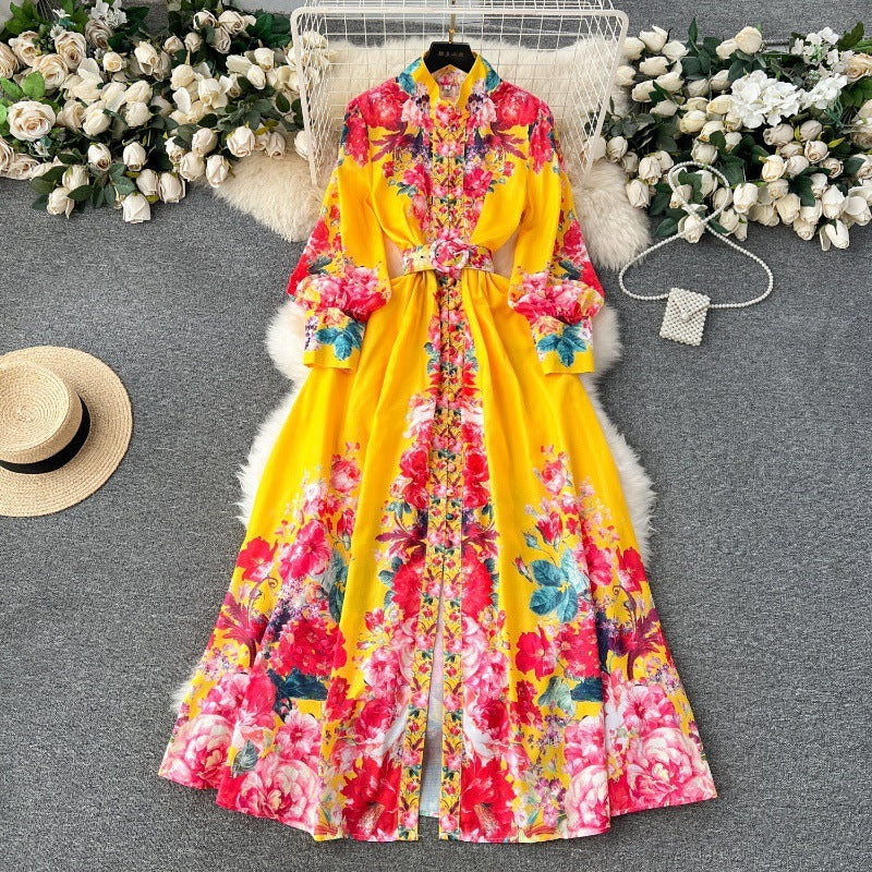 New High-grade Stand Collar Lantern Long Sleeve Waist-tight Printed Dress