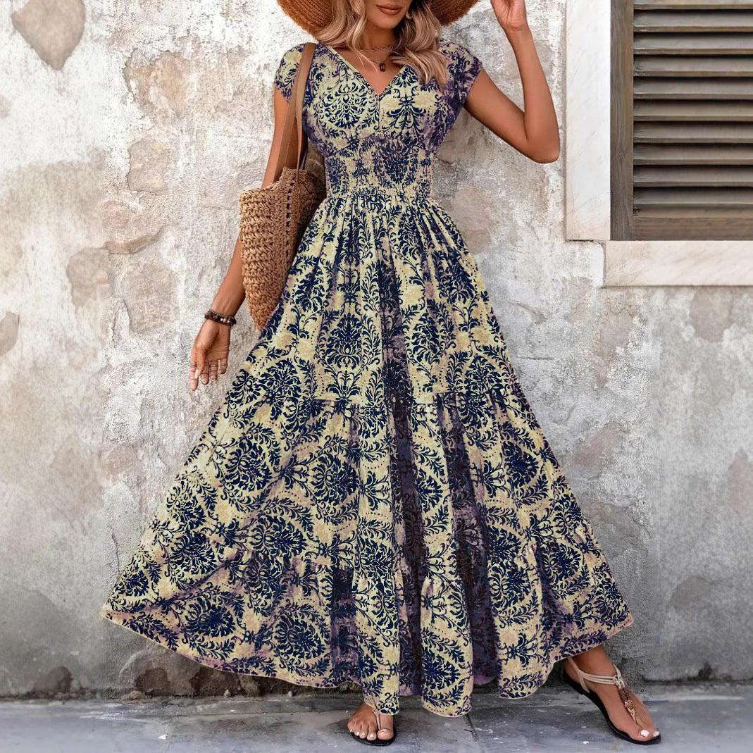 Stylish And Elegant V-neck Short-sleeve Vintage-print Dress
