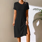 Cross Border Women's Solid Color Slit Slim Fit Hip Short Sleeve Dress