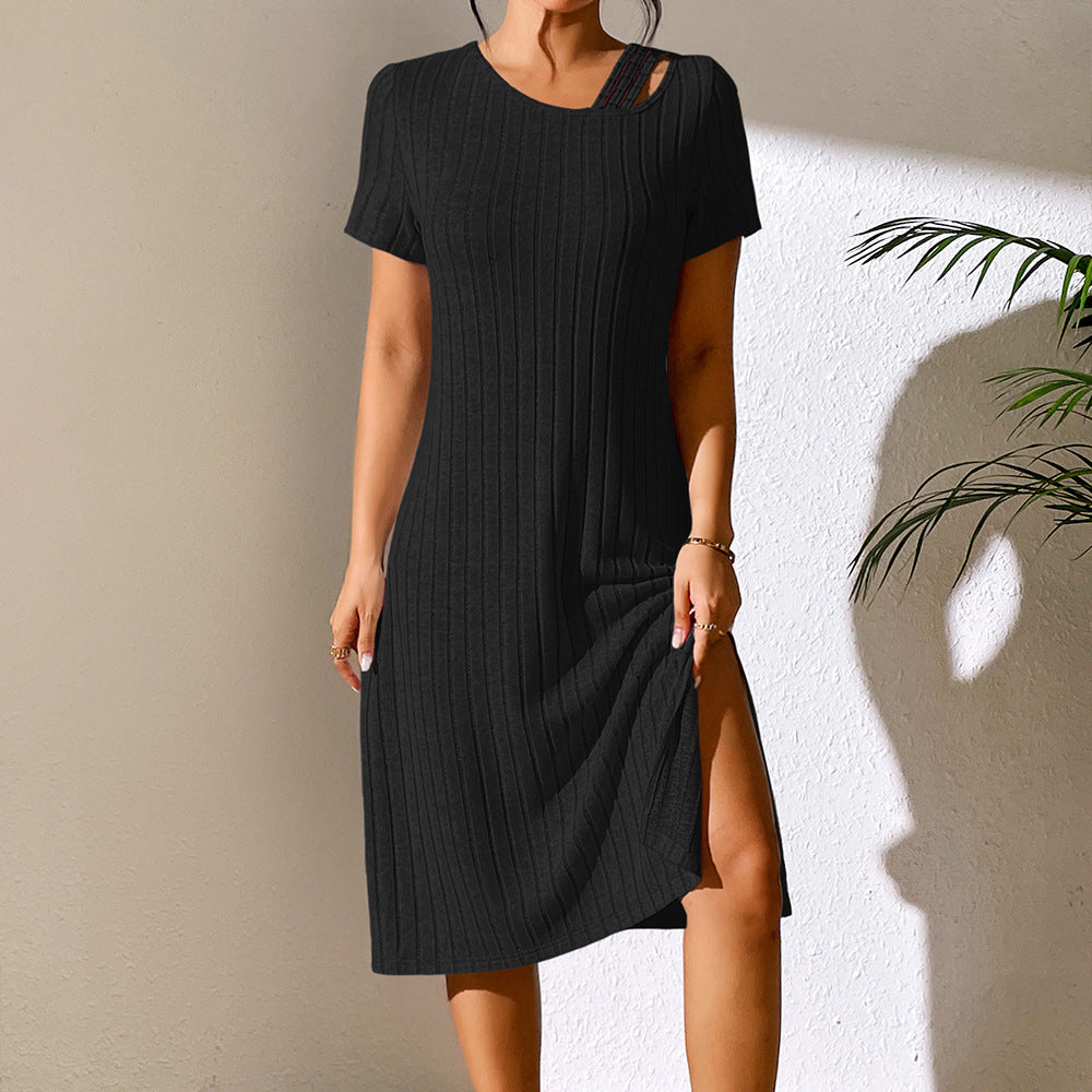 Cross Border Women's Solid Color Slit Slim Fit Hip Short Sleeve Dress