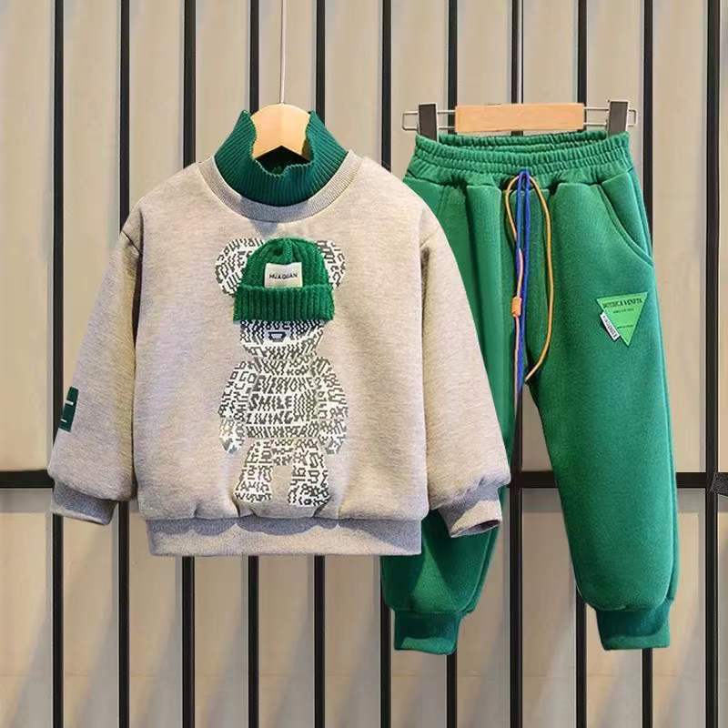 Children's Winter Fleece Lining Sweatshirt And Sweatpants Two-piece Set