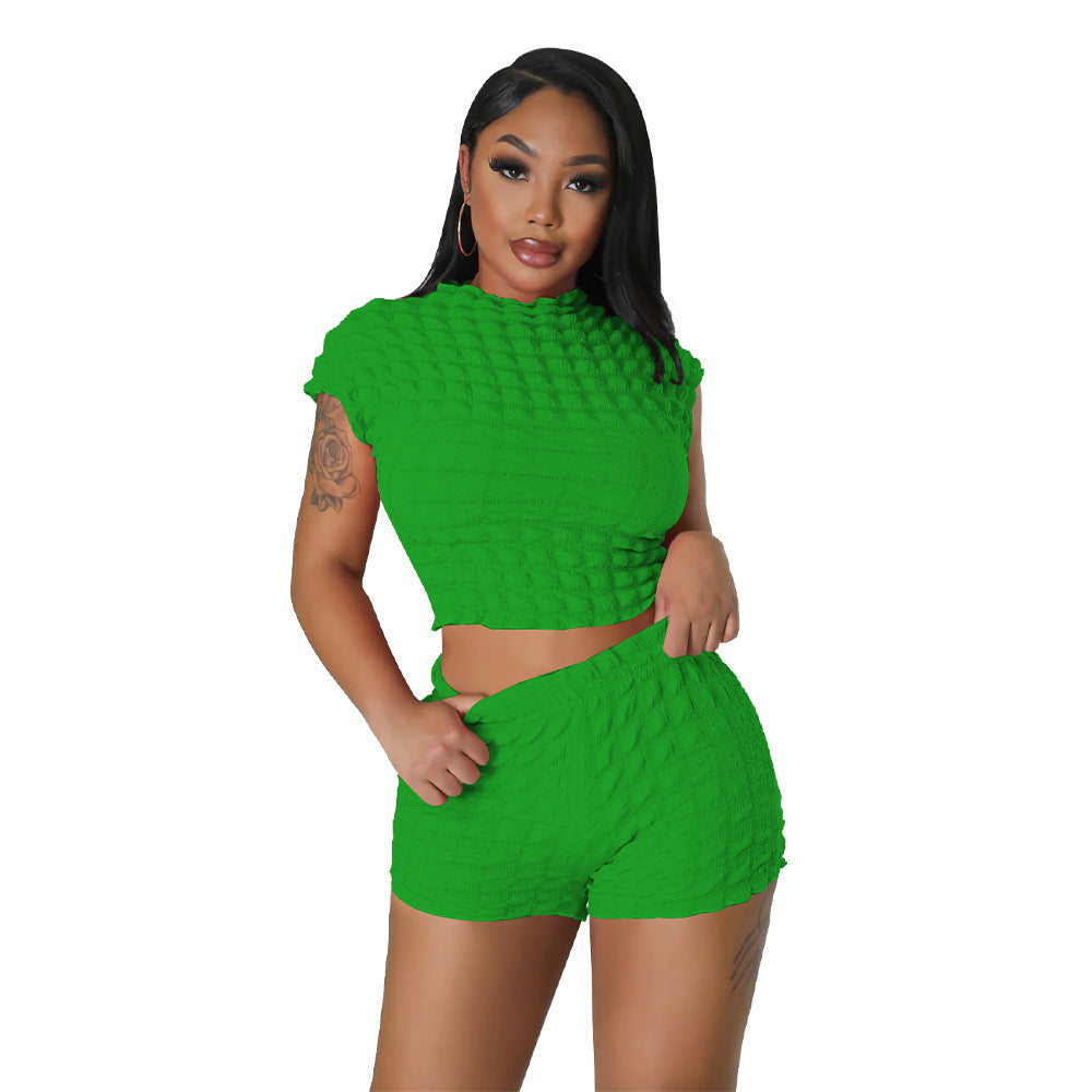 Women's Clothing Sleeveless Midriff-baring Shorts Popcorn Bubble Two-piece Set