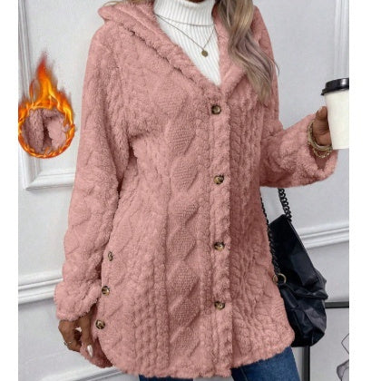 Cardigan à capuche boutonné, veste longue d'hiver, manteau à manches longues de couleur unie