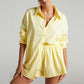 Solid Single Breasted Long Sleeve Lapel Shirt Shorts