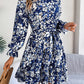 Stand Collar Flower Waist-controlled Long Sleeves Ruffled A-line Dress