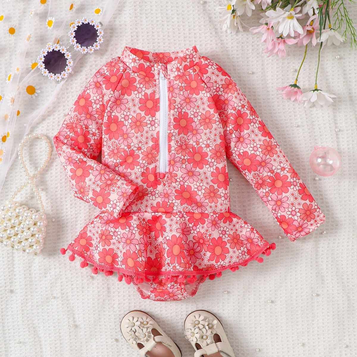 Fashion Long Sleeve Printed Princess Lace Swimsuit