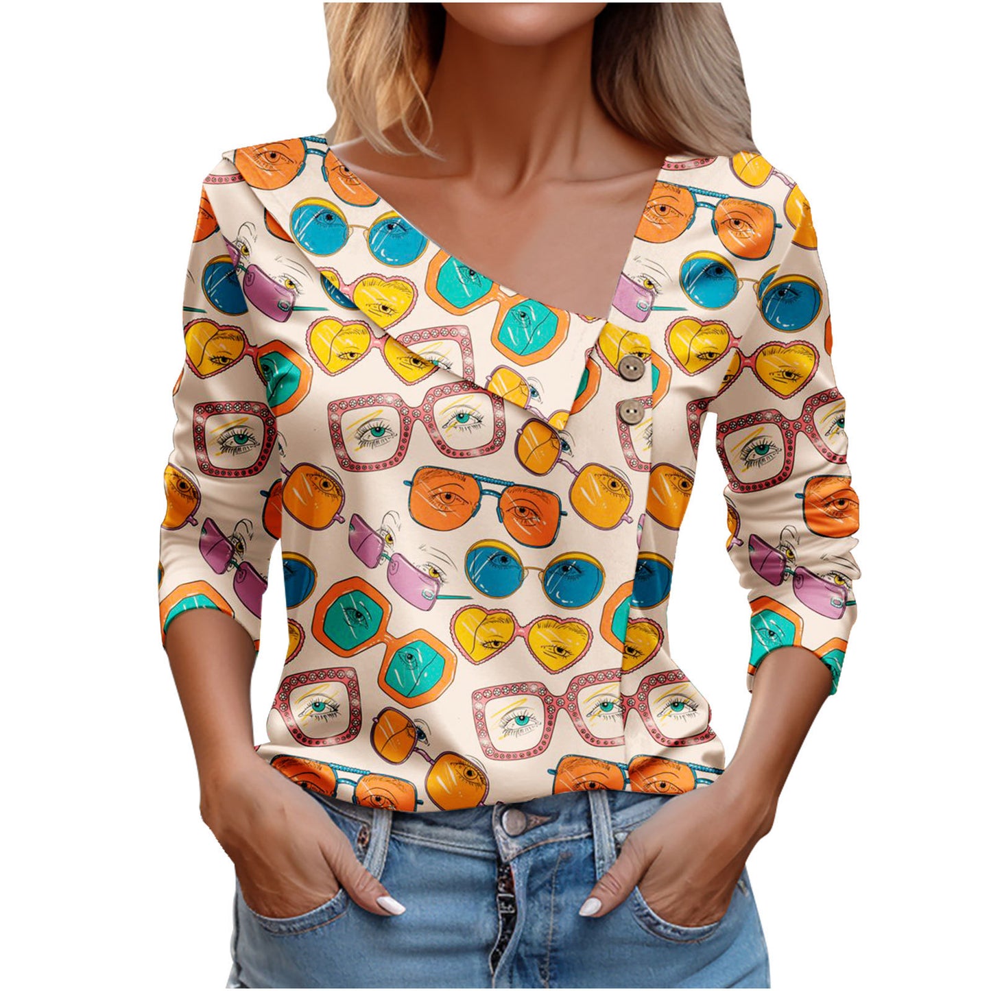 Women's Long-sleeved V-neck Printed T-shirt