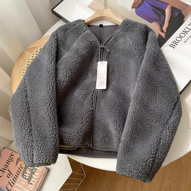 V-Neck Zipper Lamb Fleece Warm Short Coat