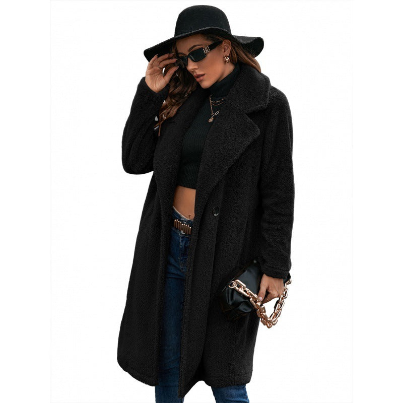 Trench-coat mi-pelucheux à simple boutonnage Manteau en laine d'agneau à col ample