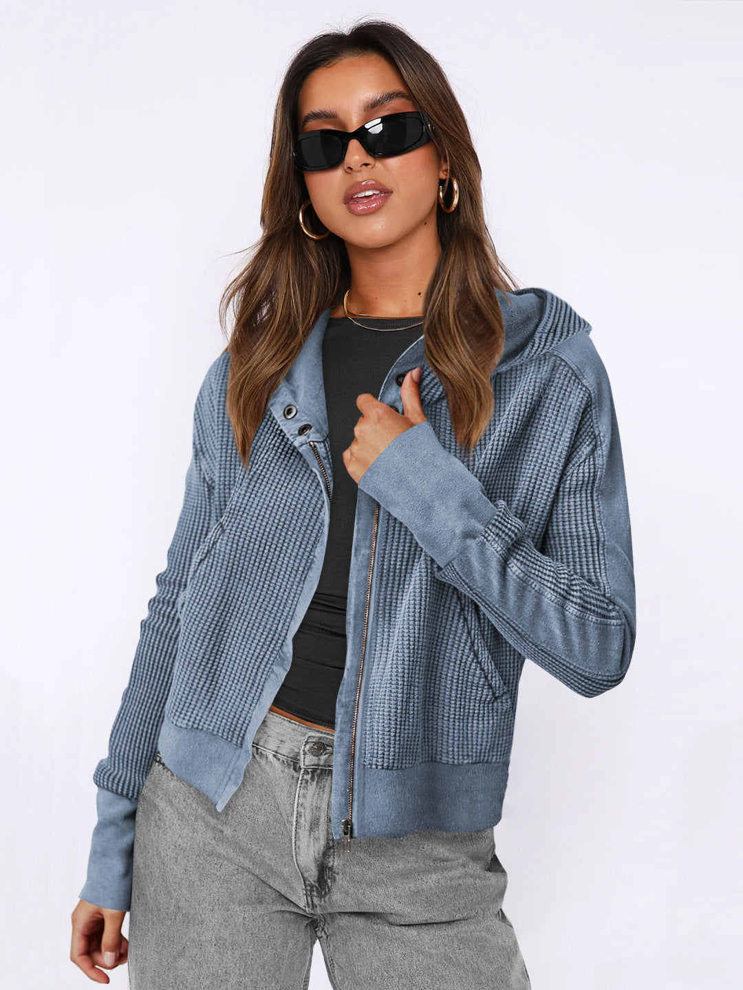 Sweat-shirt à capuche tendance pour femme, veste courte à fermeture éclair