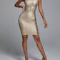 Nouvelle robe bandage, robe une pièce, épaules obliques, dorée, élégante, mode, style européen et américain, offre spéciale