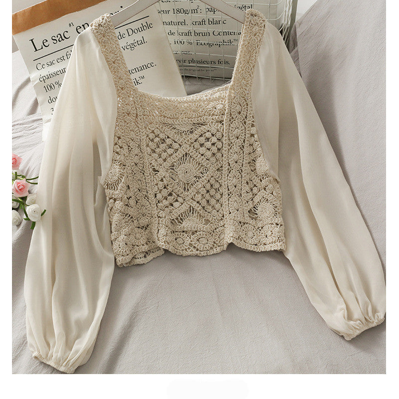 Women's Chiffon Panel Puff Long Sleeve Top