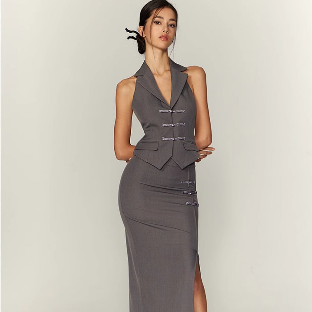 Chinese Style Traditional Halter Spaghetti Straps Vest Slit Skirt Suit