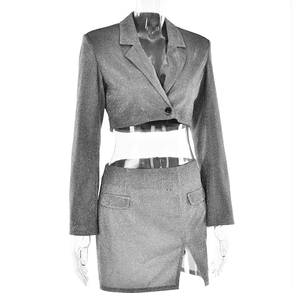 Cutout V-neck Long Sleeve Slim-fit Shiny Suit Top Skirt Two-piece Suit