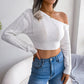 Pull tricoté à épaules dénudées pour femme, manches longues, court, vêtements