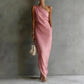 Elegant Satin Off-shoulder Draping Slim-fit Maxi Dress