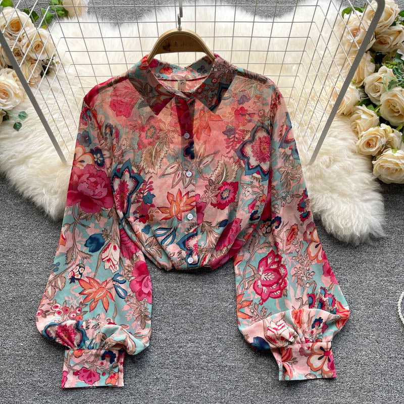 Chemise vintage imprimée à manches longues pour femme