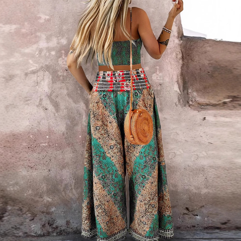 European And American Retro Pattern Short Overall Dress Set