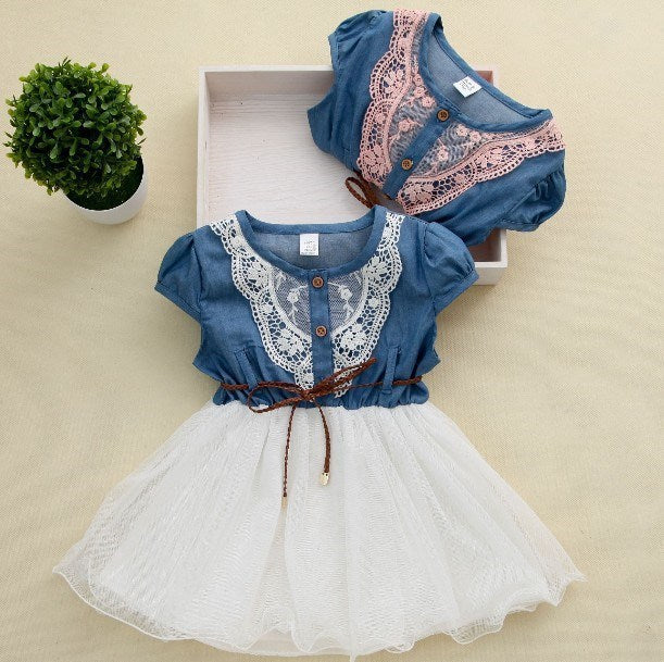 Denim Half-sleeve Stitching Mesh Skirt