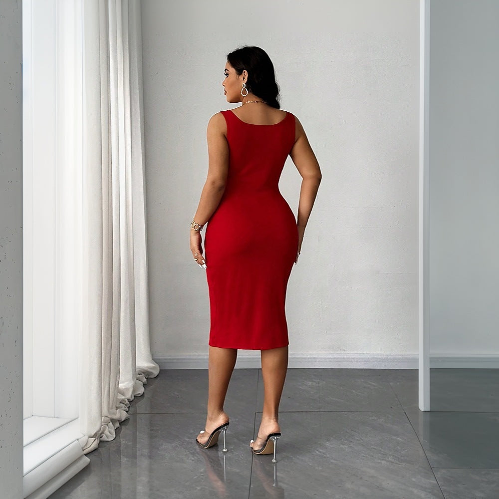 New High-waisted, Body-hugging Red Slip Dress