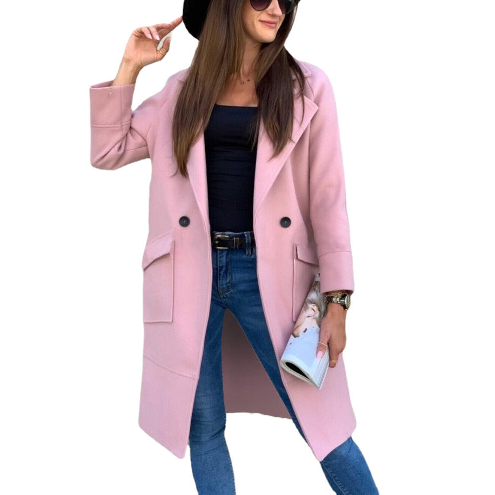 Manteau en laine à manches longues et col boutonné, couleur unie, automne et hiver