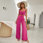 Haut tube à bretelles rouge rose, haut dos nu, pantalon long à pattes d'éléphant pour femme