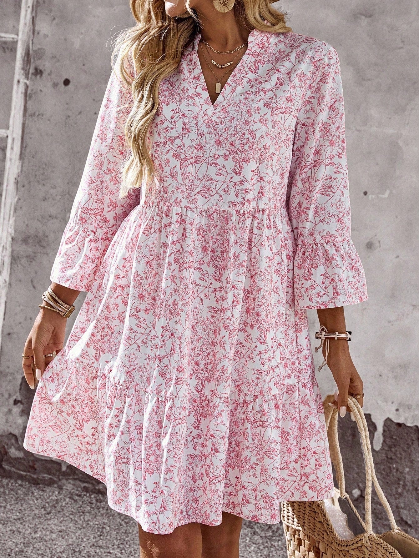 Loose V-neck Ruffle Floral Dress For Women