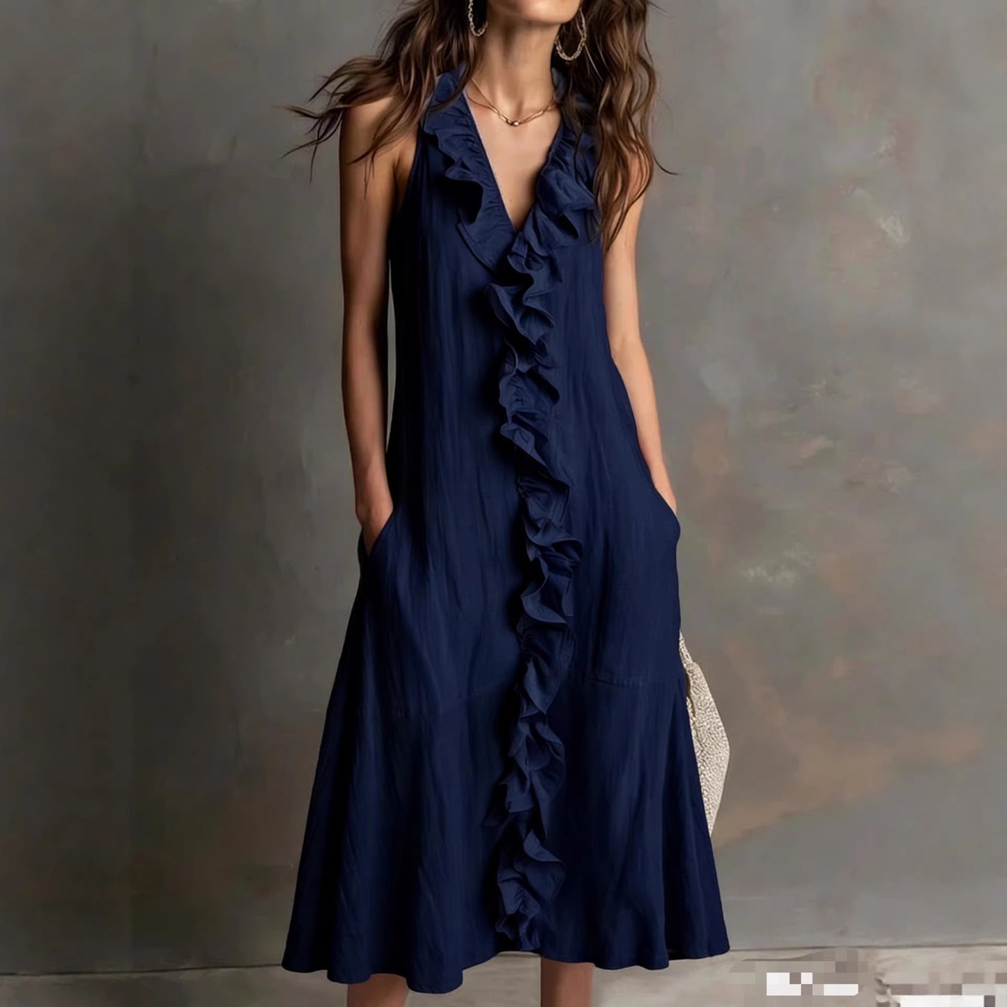 Solid-color Sleeveless Cotton-Linen V-Neck Maxi Dress With Ruffled Hem