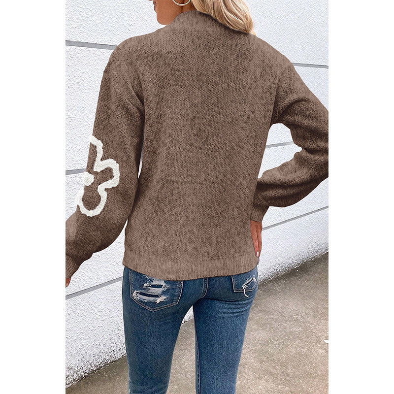 Women's Half-cardigan Zipper Pullover Flower Jacquard Sweater Top
