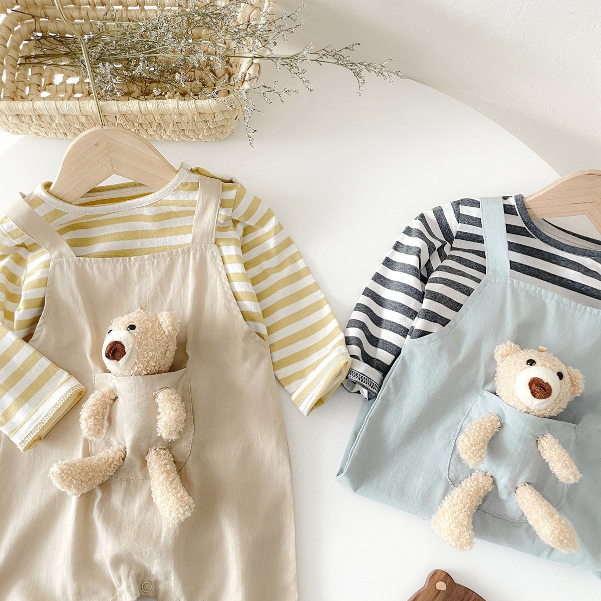 Pantalons à bretelles pour bébé, pour hommes et femmes, barboteuse en deux pièces avec faux ours, rayée, style coréen, printemps et automne