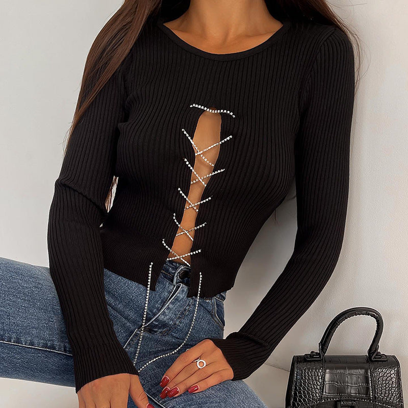 Women's Fashion Hollow Diamond Chain Jersey Top