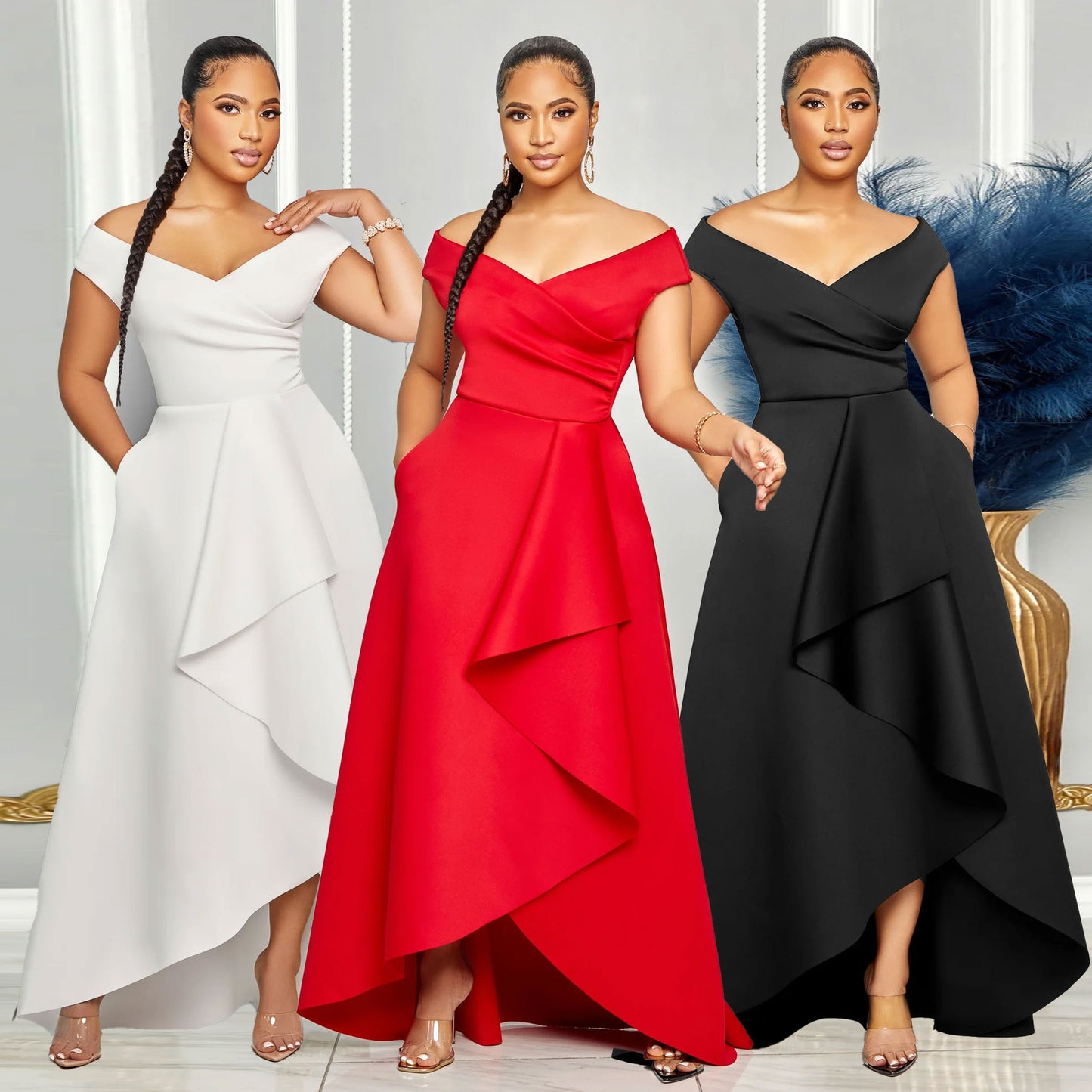 Robe trapèze ample sans manches à épaules dénudées et coupe ajustée de couleur unie