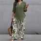 Ladies V-neck Shirt Tropical Plants Printed Pants Suit