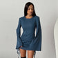 Robe tricotée à rayures noires pour femme, élégante, à manches évasées, taille haute, style européen et américain, automne et hiver