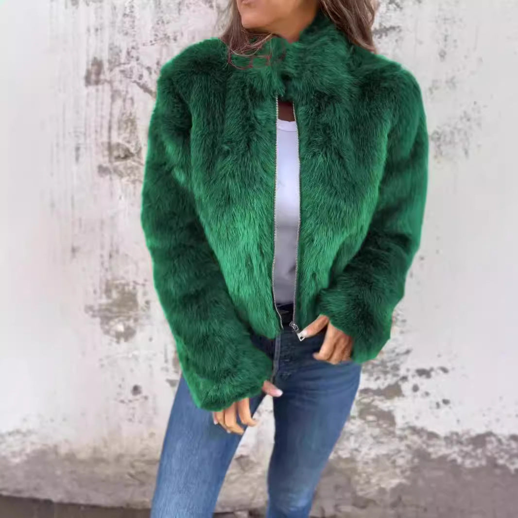 Veste en peluche à col montant tendance pour femme, manteau d'hiver décontracté à col roulé et fermeture éclair, polaire