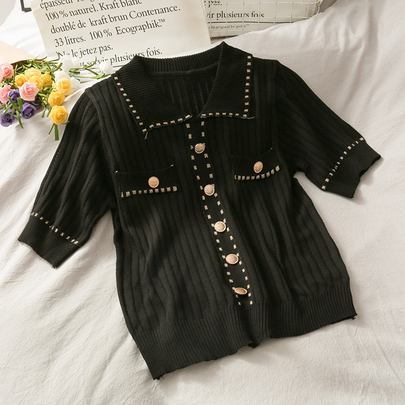 Hong Kong Style Polo Collar Single-breasted Golden Dot Slim Top Women