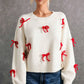Red Bow Decoration Loose Crew Neck Pullover Sweater Women