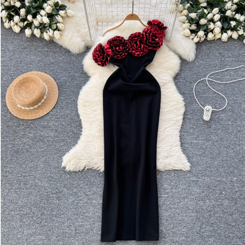 Women's Three-dimensional Flower Off-shoulder Slim Dress
