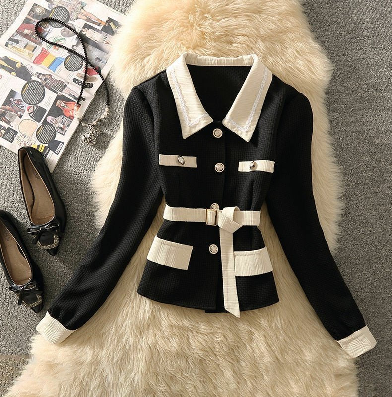 Women's Temperament Contrast Color Lapel Long Sleeve Top