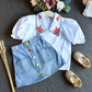 Girls Embroidery Doll Collar Bubble Short Sleeve Shirt Denim Skirt Set